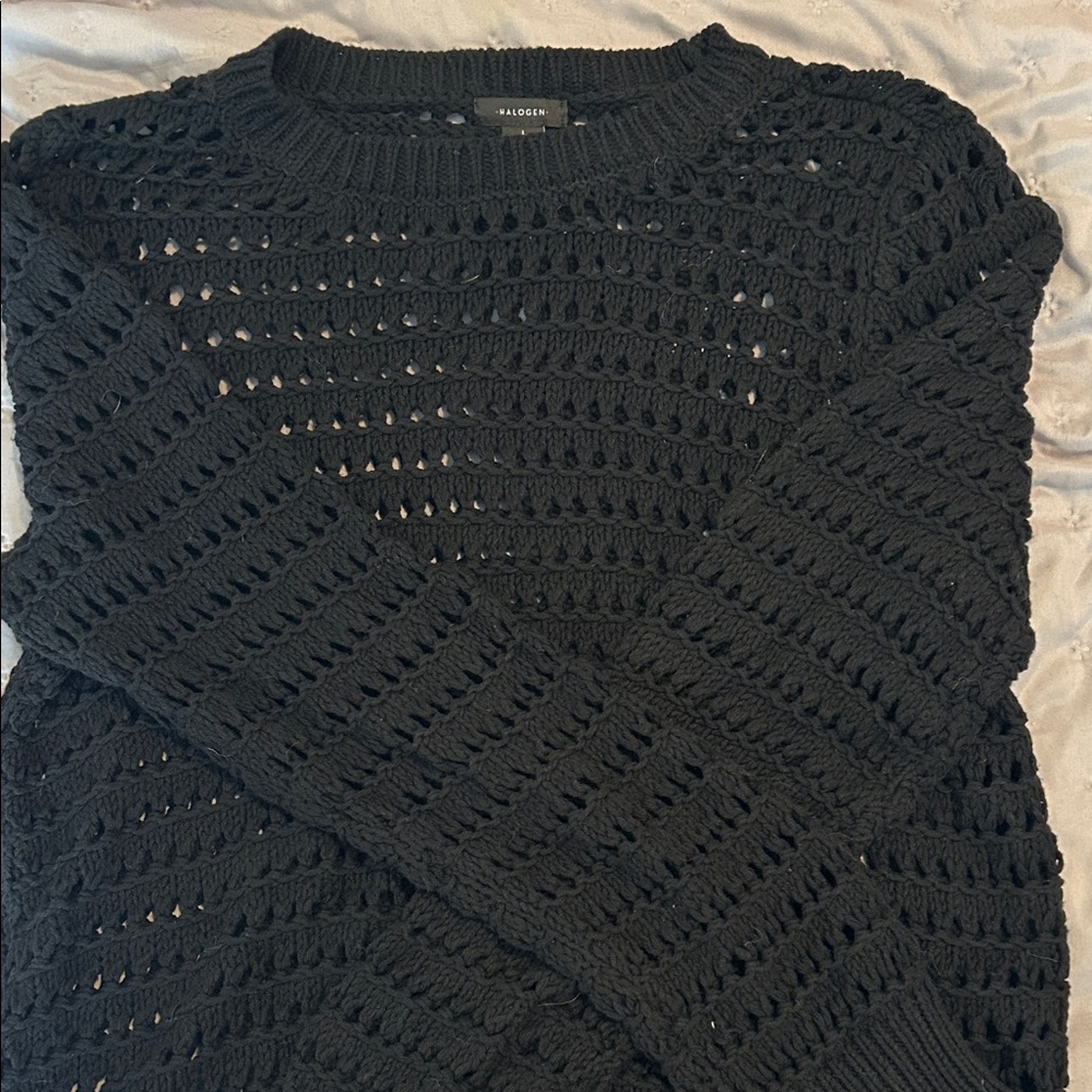 Halogen Black Crochet Crew Neck Sweater